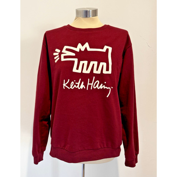 KEITH HARING Women's Size Medium Barking Dog Sweatshirt Burgundy Soft - Picture 1 of 10